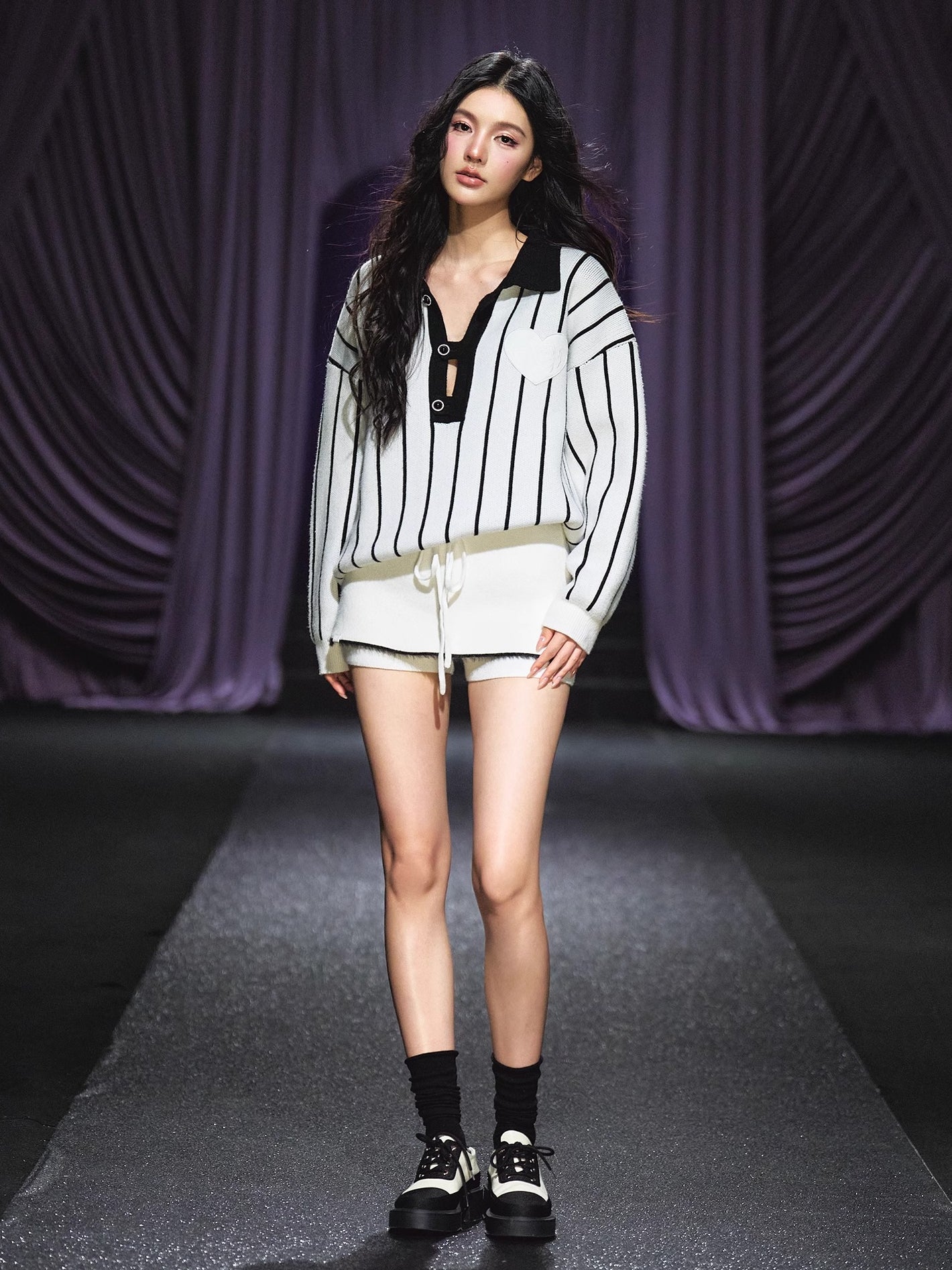 Striped Knit Polo T-Shirt &amp; Contrast Trim Skort Set