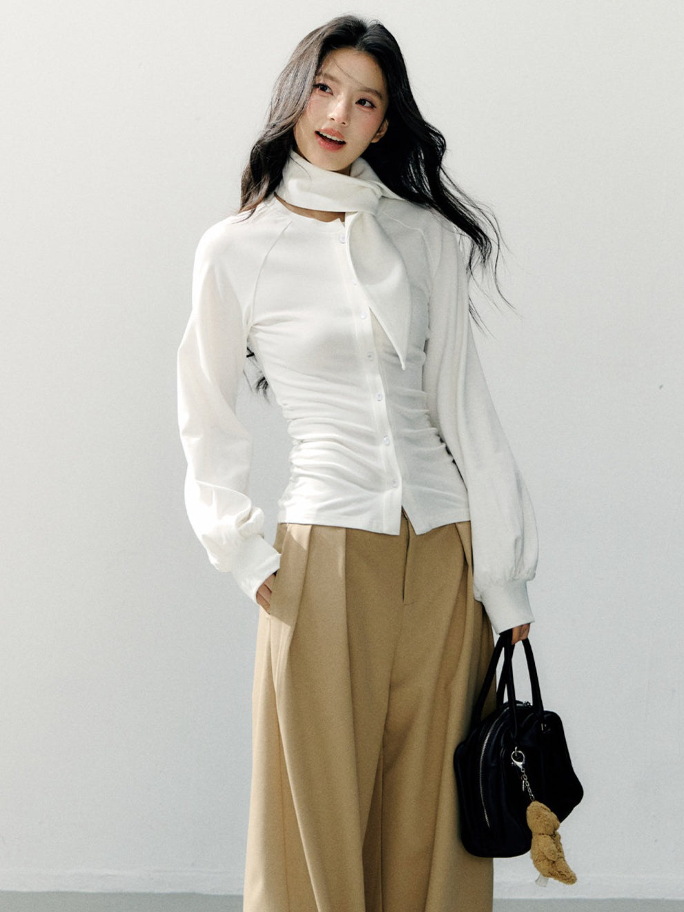 Scarf Collar Fitted Knit Long Sleeve Shirt