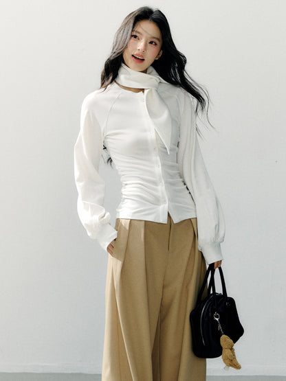 Scarf Collar Fitted Knit Long Sleeve Shirt