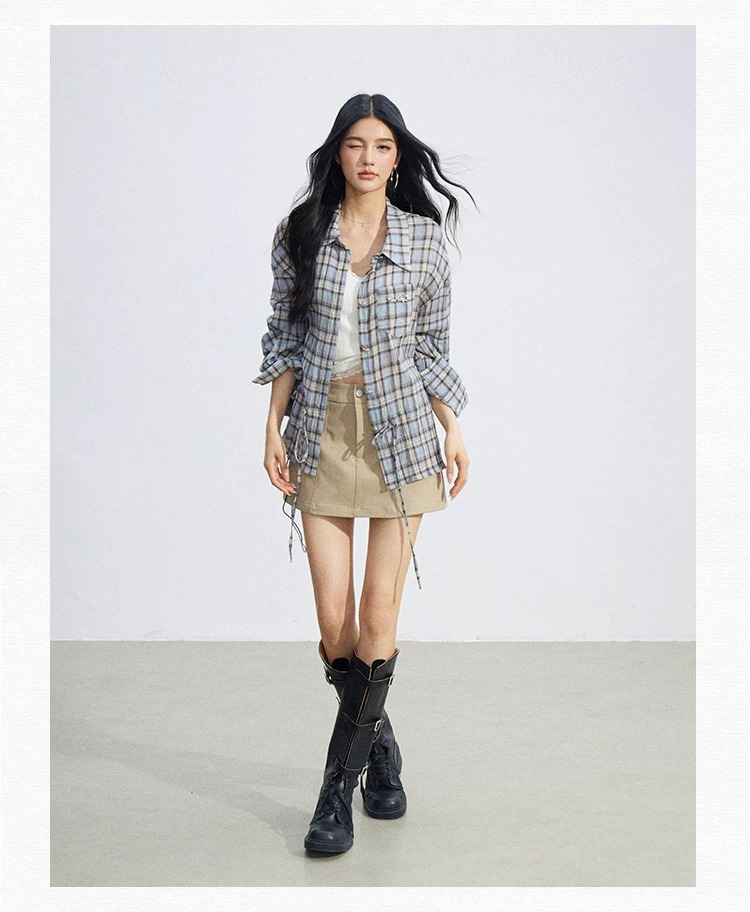 Vintage Plaid Drawstring Shirt