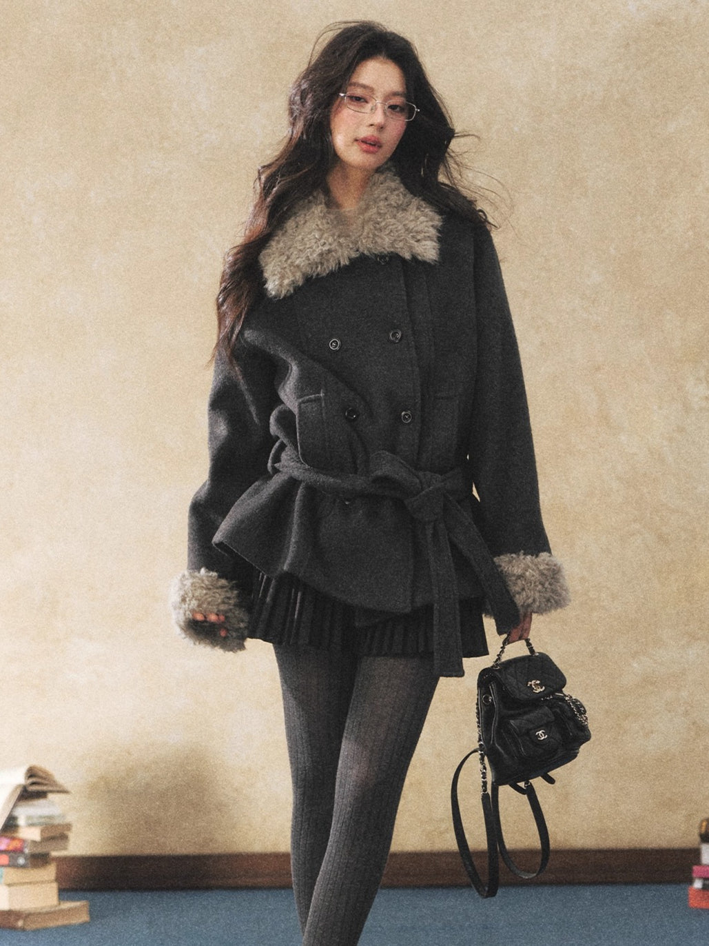 Fur Collar Tie-Waist Wool-Blend Jacket