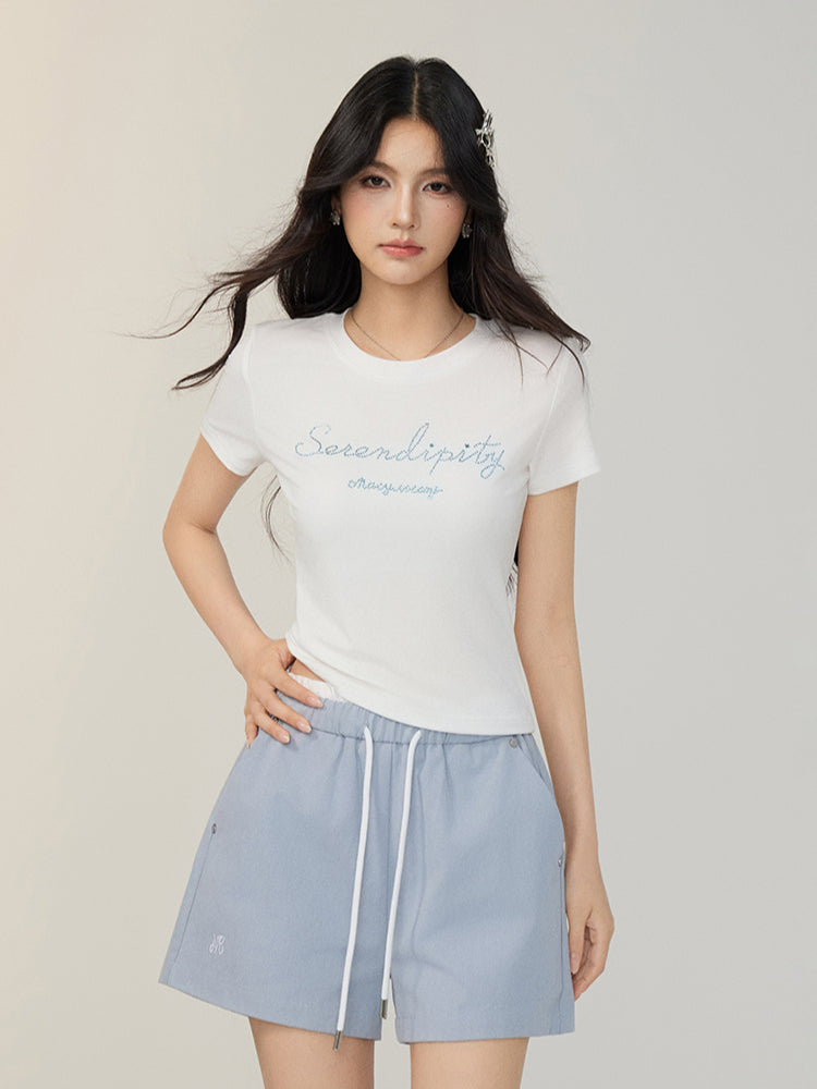 Tencel Sparkling Rhinestone Regular Shoulder T-shirt