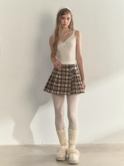 Vintage Plaid Wool Leather Buckle Pleated Skirt