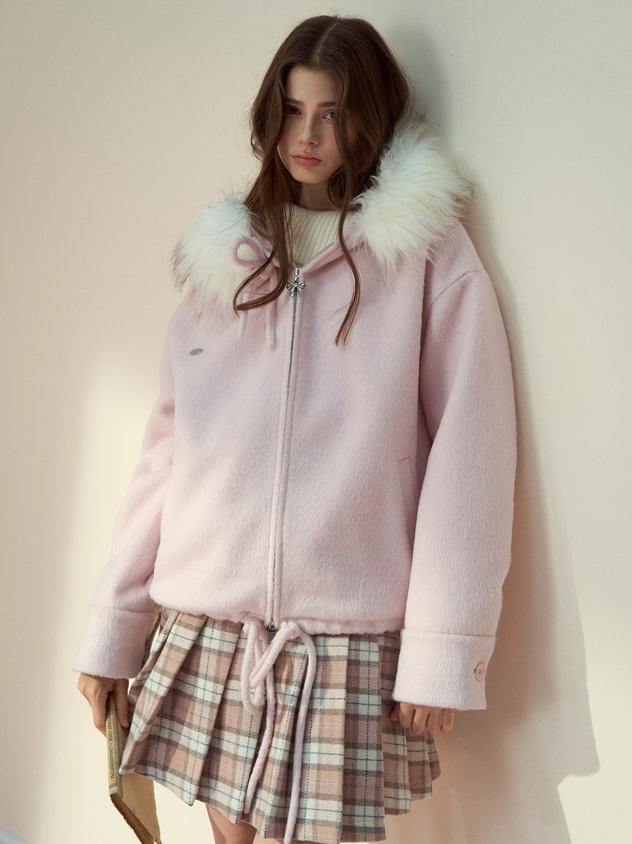 Blush Plaid Wool A-Line Pleated Skirt