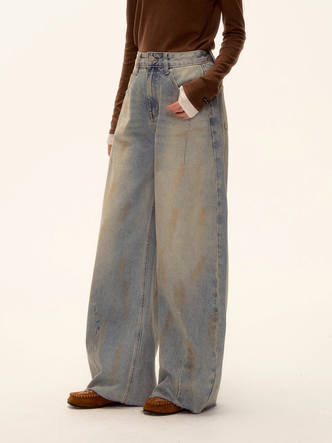 Vintage Washed Distressed Wide-Leg Denim Pants