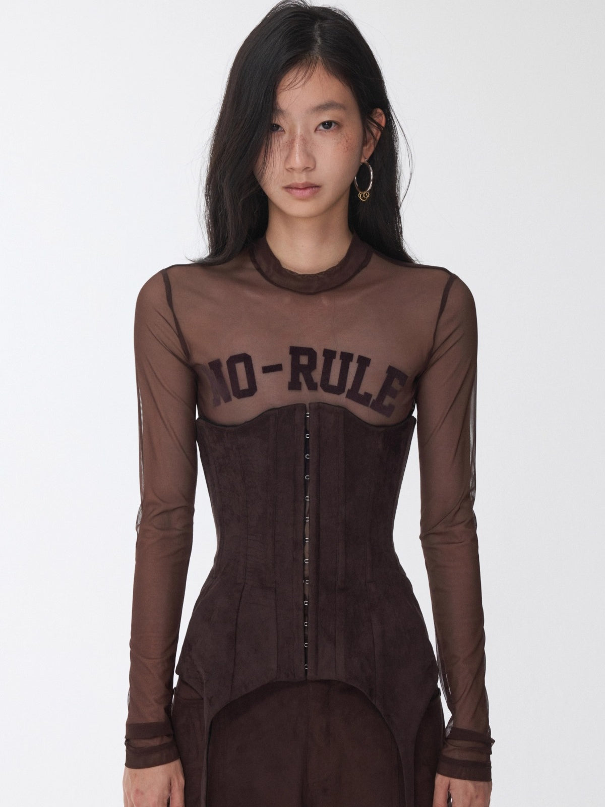 Velvet-Textured Sport Print Mesh Blouse