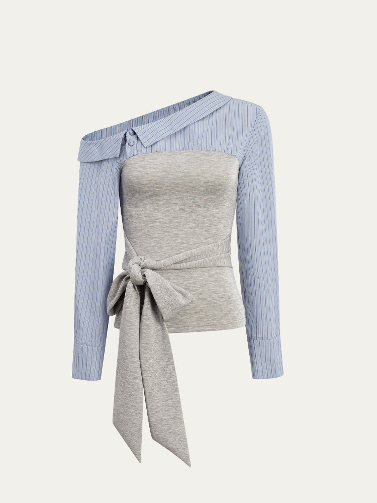 Asymmetric Shoulder Fake Two-Piece Striped Patchwork Blouse