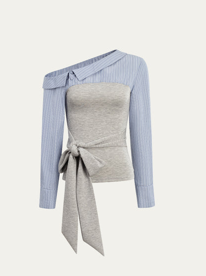 Asymmetric Shoulder Fake Two-Piece Striped Patchwork Blouse
