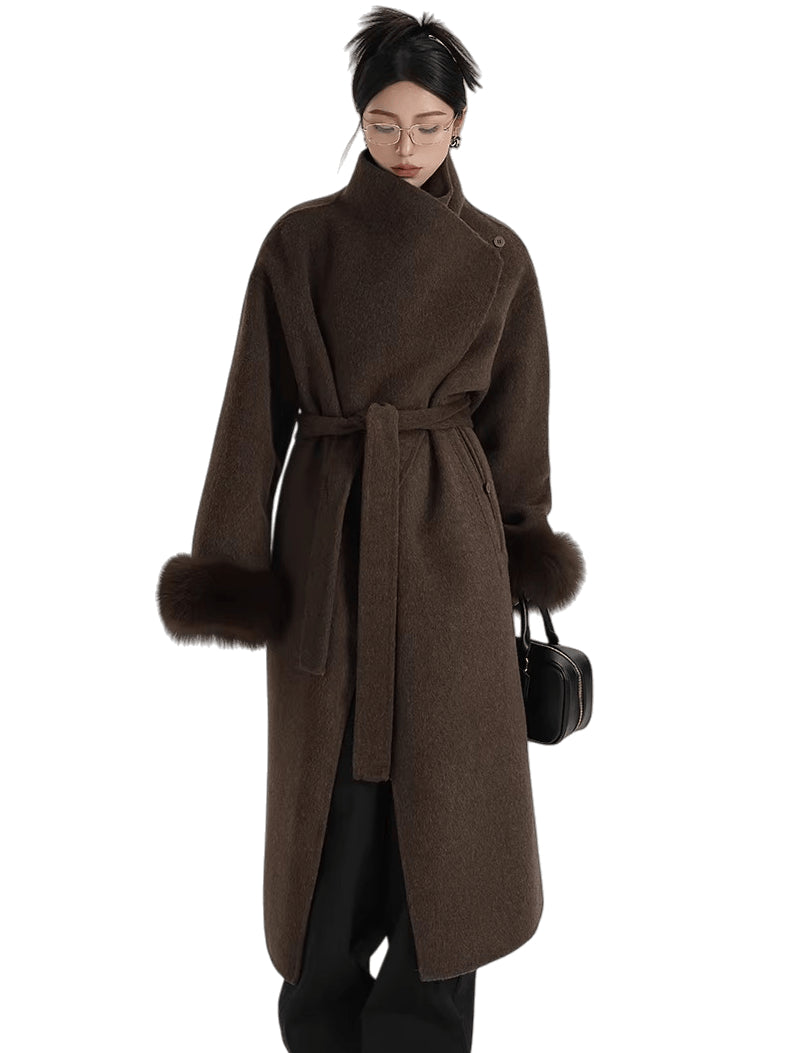 Elegant Fox-Fur Sleeve Long Wool Coat