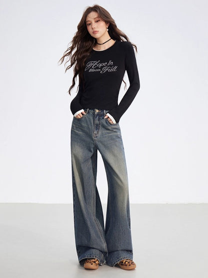 Dual-Layer Letter Embellished Slim-Fit T-Shirt