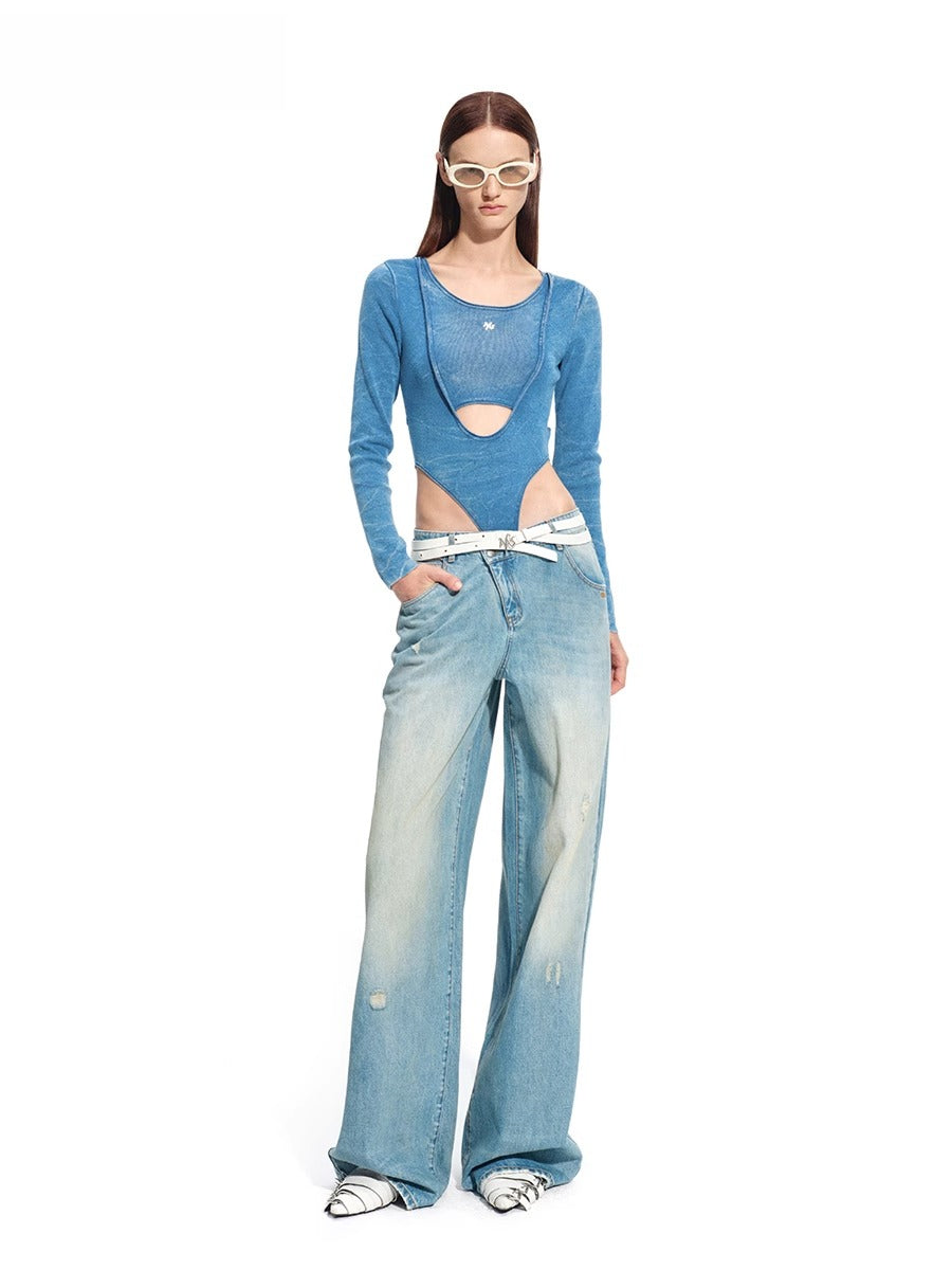 &quot;Caracal Series&quot; Washed Crinkle Denim Mesh Bodysuit