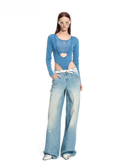 &quot;Caracal Series&quot; Washed Crinkle Denim Mesh Bodysuit