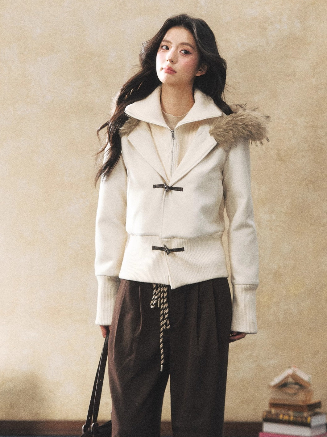 Fur Collar Faux-Layered Wool-Blend Jacket