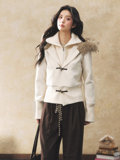 Fur Collar Faux-Layered Wool-Blend Jacket