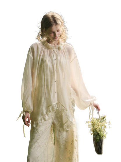 Lace Round Neck Trimmed Shirt - CHINASQUAD