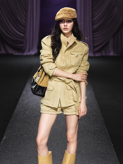 Velvet Suede Jacket &amp; Shorts Two-Piece Set