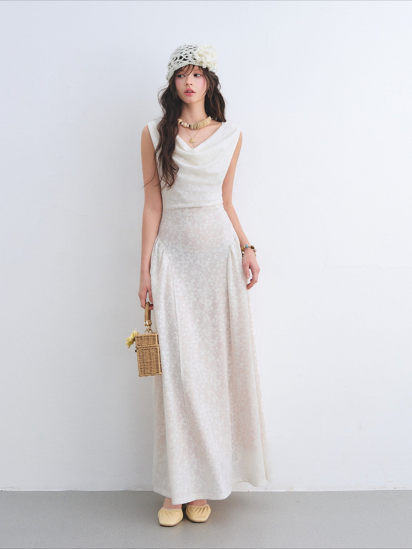 Lace Jacquard Waist-Cinched Maxi Dress