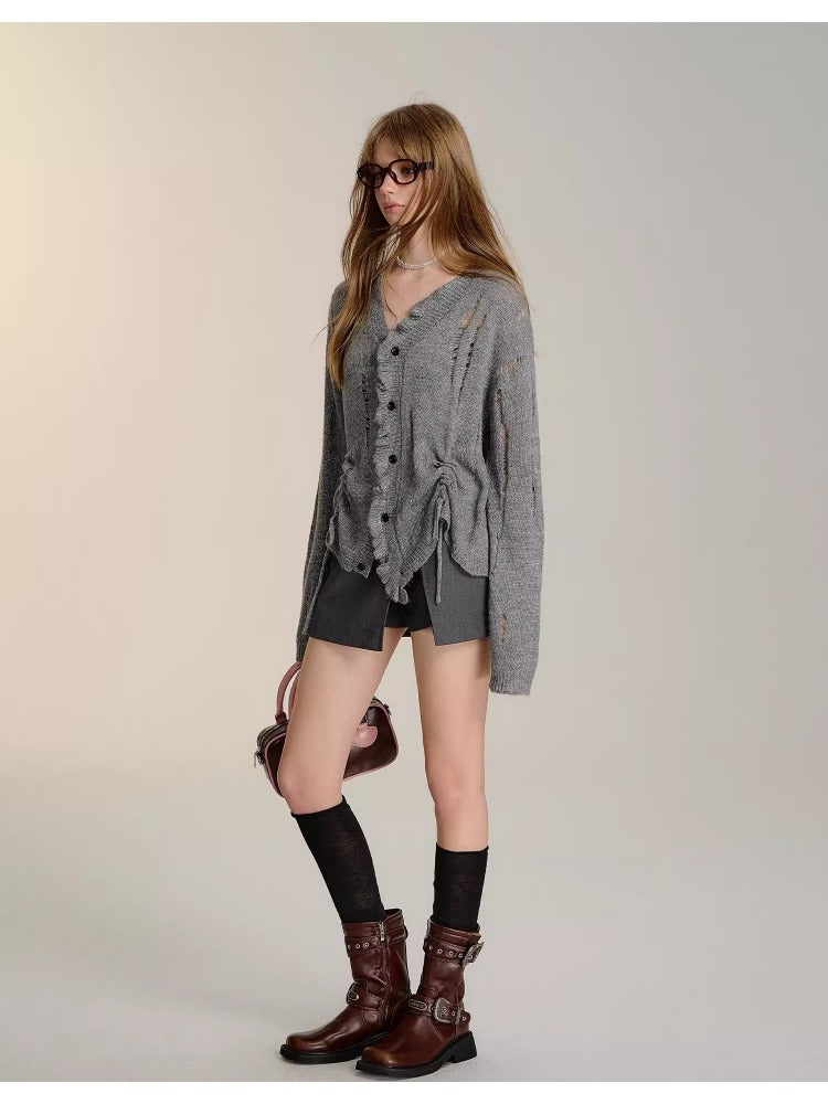 Gray Ruched Knit Cardigan