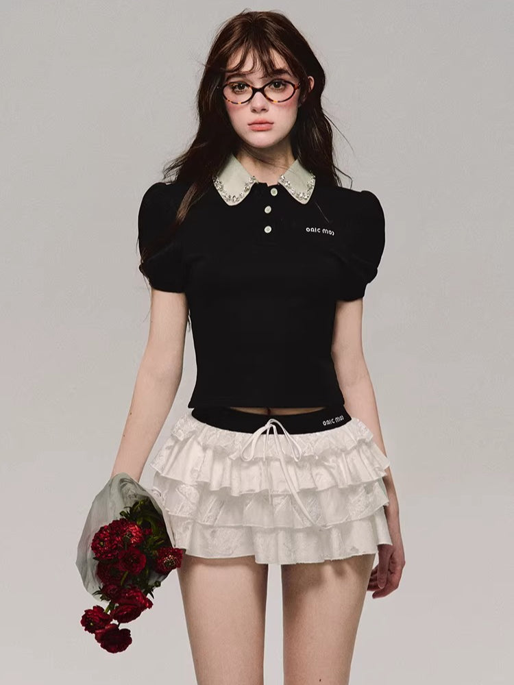 Embroidered Tiered Puff Mini Skirt