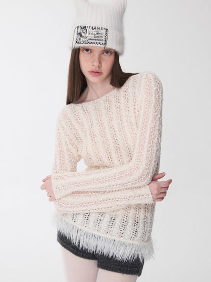 Cable-Knit Faux-Fur Trim Fitted Sweater