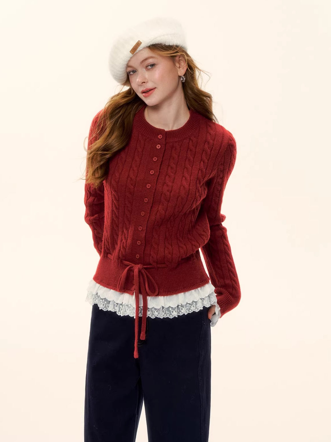 Cable Knit Lace-Hem Drawstring Sweater