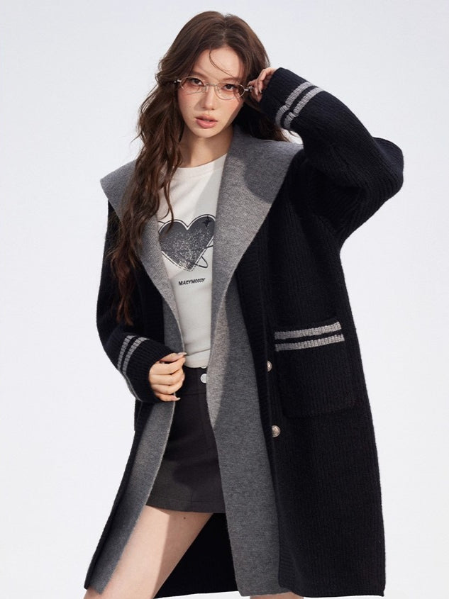 Detachable Collar Knit Hooded Long Cardigan
