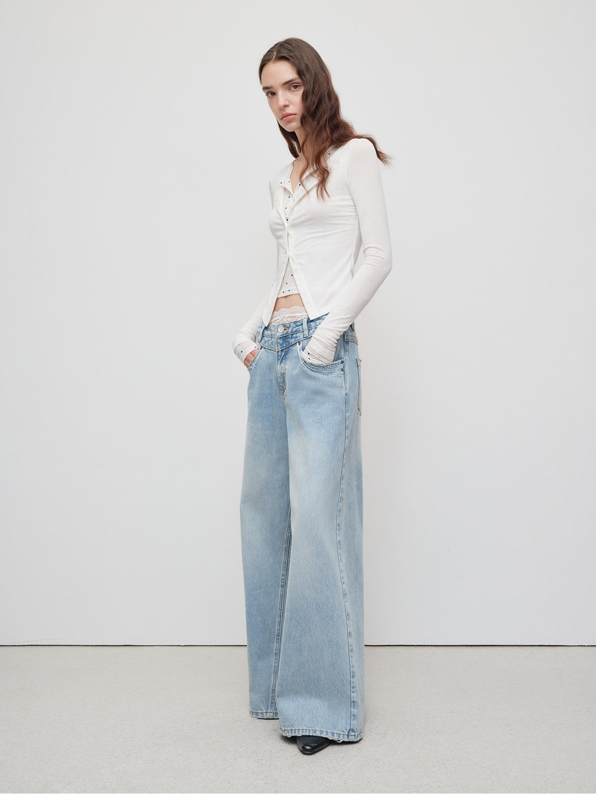 Light Blue Structured Wide-Leg Denim Pants