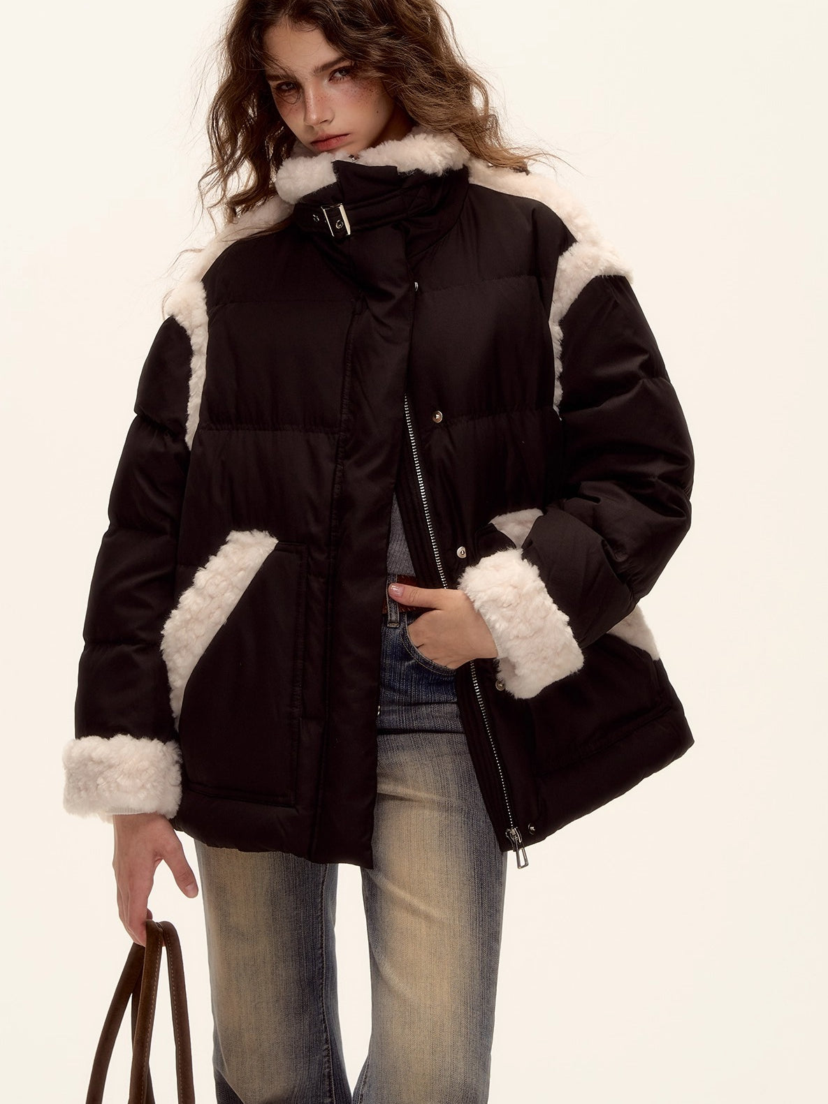 Faux Shearling Panel Down Jacket