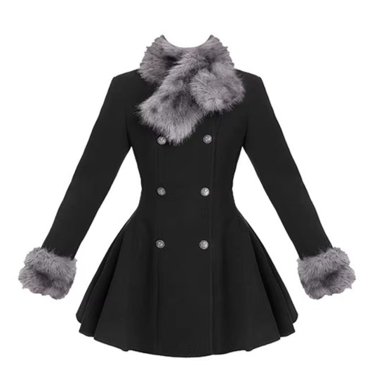 Fur-Collar Waist-Cinching Wool Coat Dress