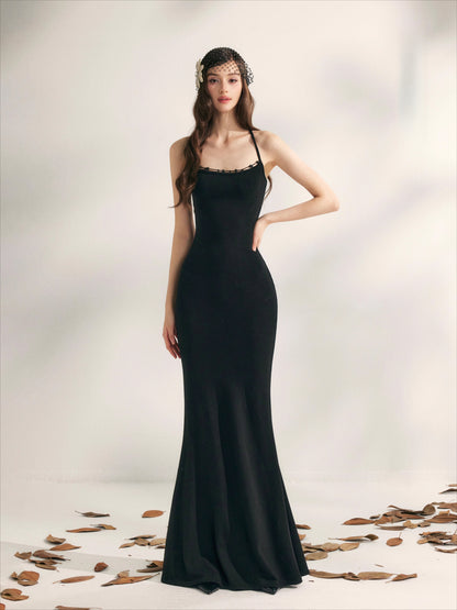 Jasmine Beaded Halter Knit Mermaid Dress