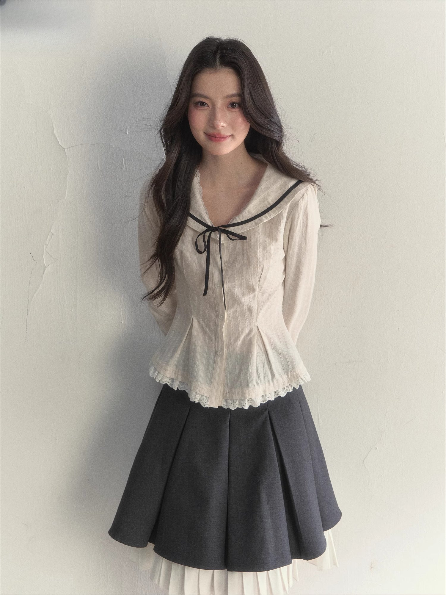 Nautical Texture Beige Fitted Blouse