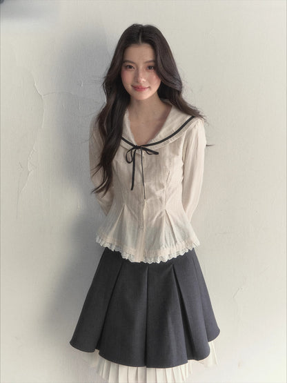 Nautical Texture Beige Fitted Blouse