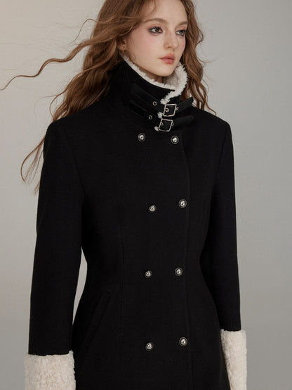 Wool Fleece Trim Long Coat