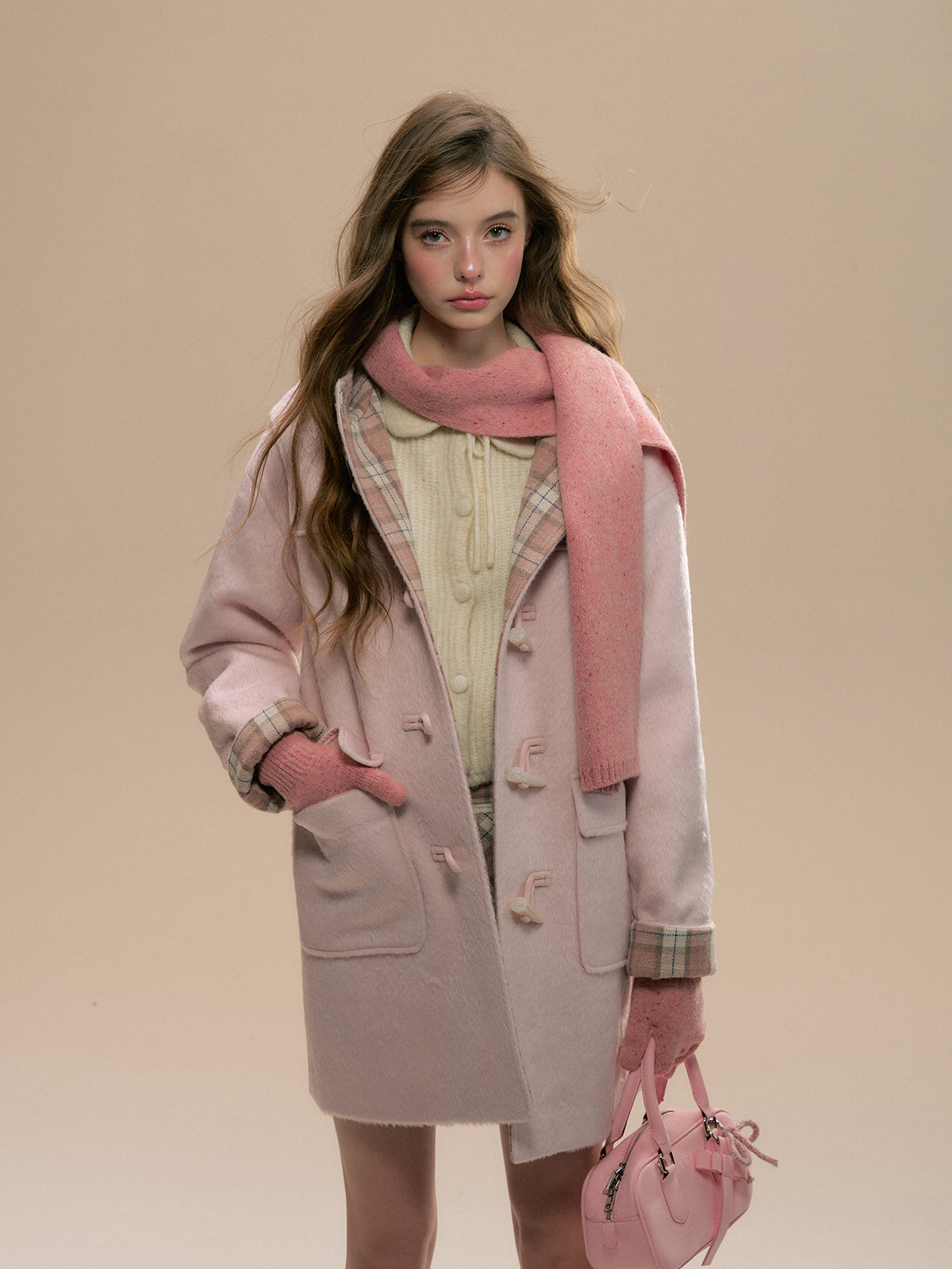 Pink Plaid Horn-buttoned Coat