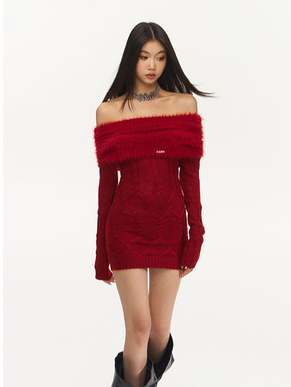 Red Off-Shoulder Mohair Knitted Dress