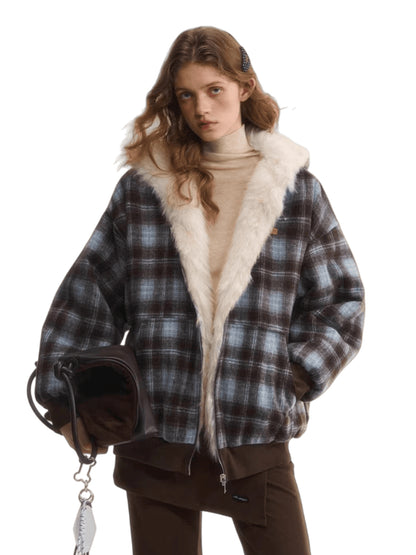 Reversible Plaid Teddy Fur Jacket