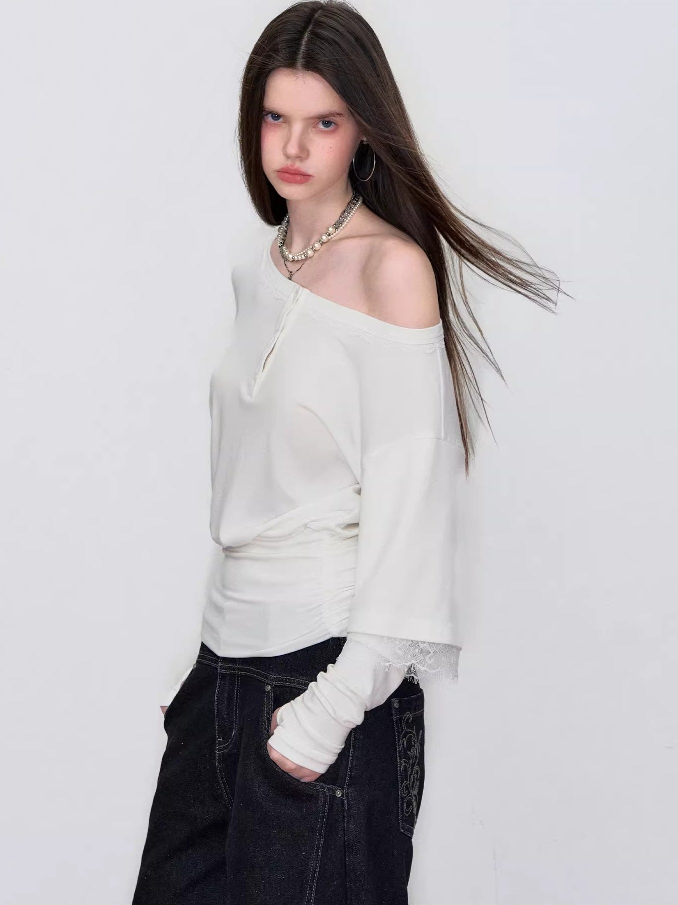 Asymmetric Lace-Panel Faux Layered T-Shirt