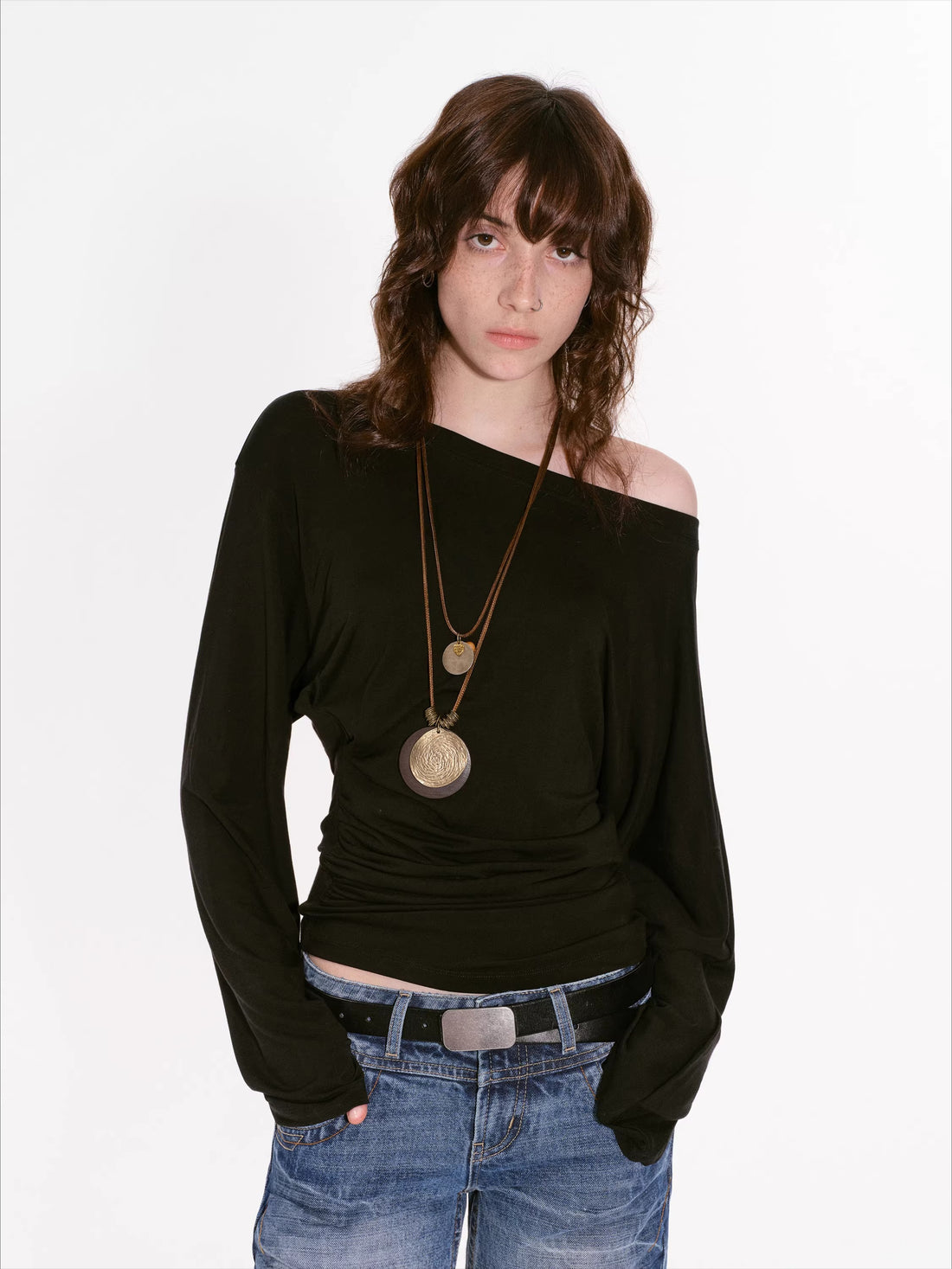 Draped Lyocell Off-Shoulder Long Sleeve T-Shirt