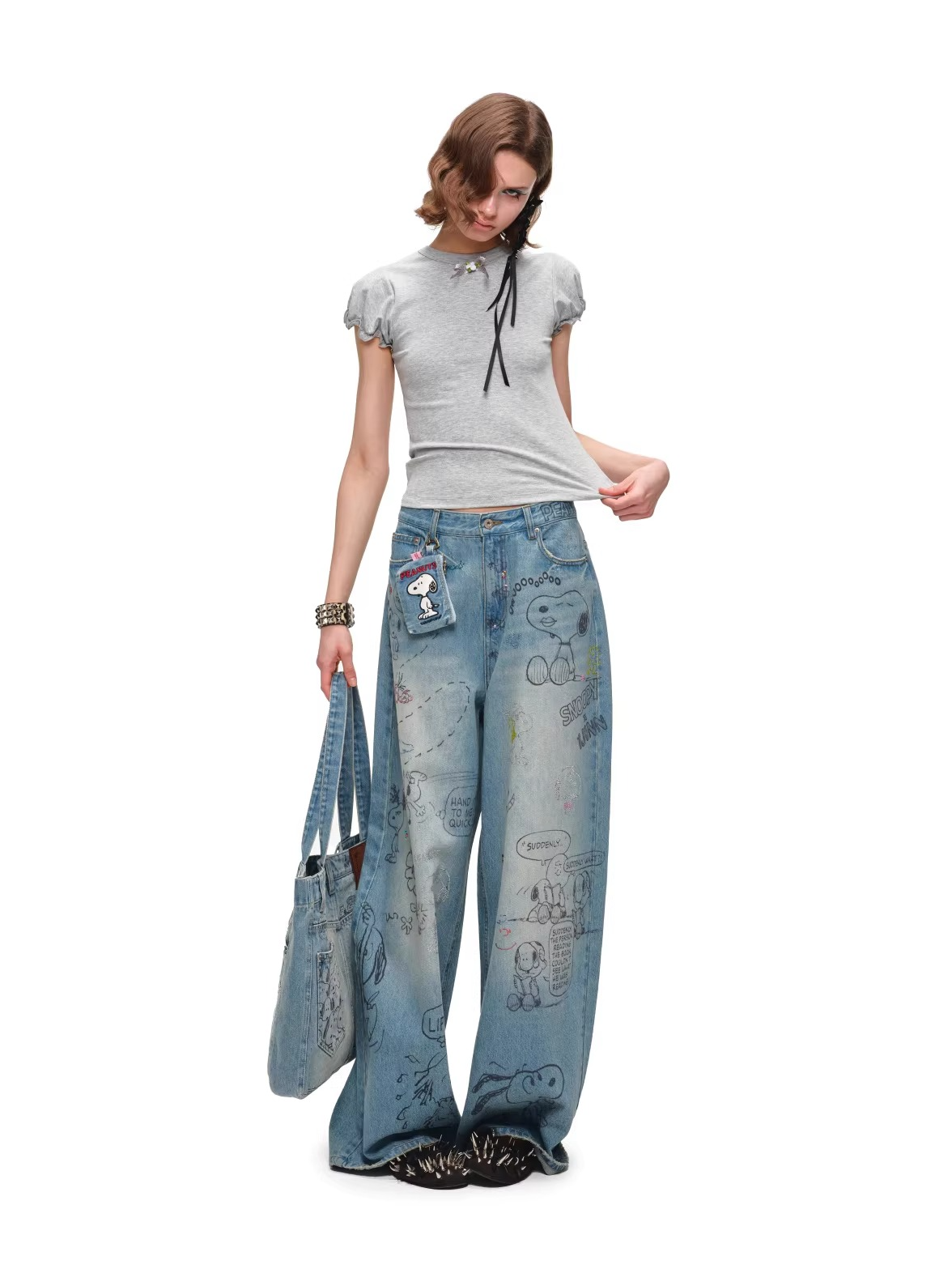Snoopy Graffiti Crystal-Embellished Denim Tote Bag