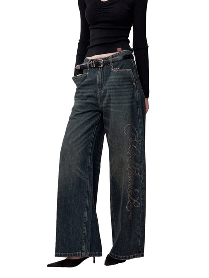 Embellished Rhinestone Vintage Wide-Leg Jeans