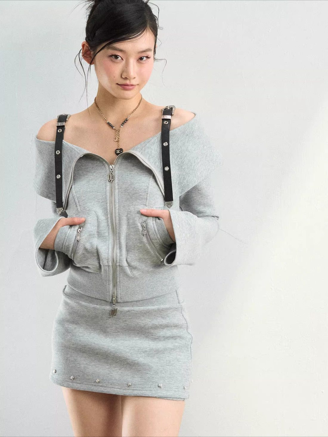 Off-Shoulder Sweatshirt &amp; Mini Skirt Two-Piece Set