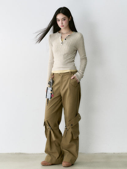 Khaki Loose-fit Cargo Straight-leg Pants