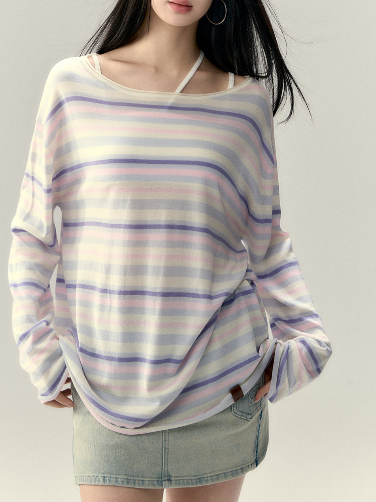 Colorful Striped Woolen Acetate T-shirt