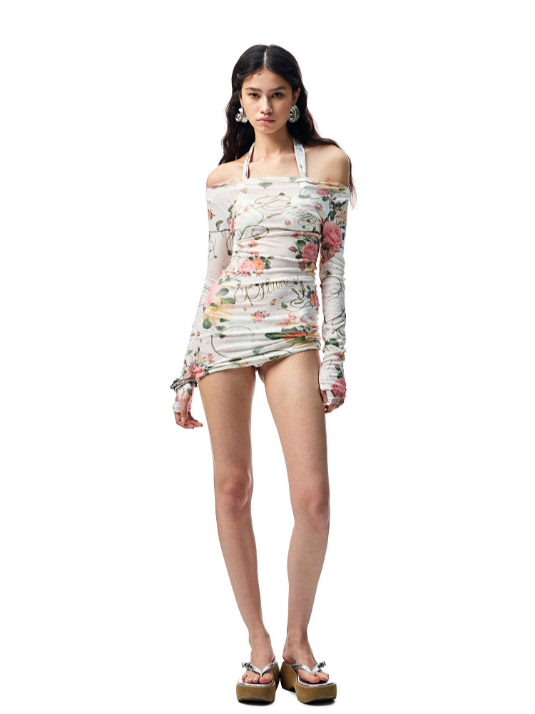 Floral All-over Print Off-the-Shoulder Sheer Cover-up
