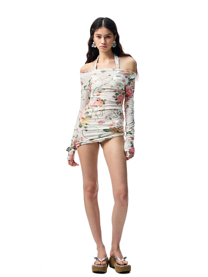 Floral All-over Print Off-the-Shoulder Sheer Cover-up