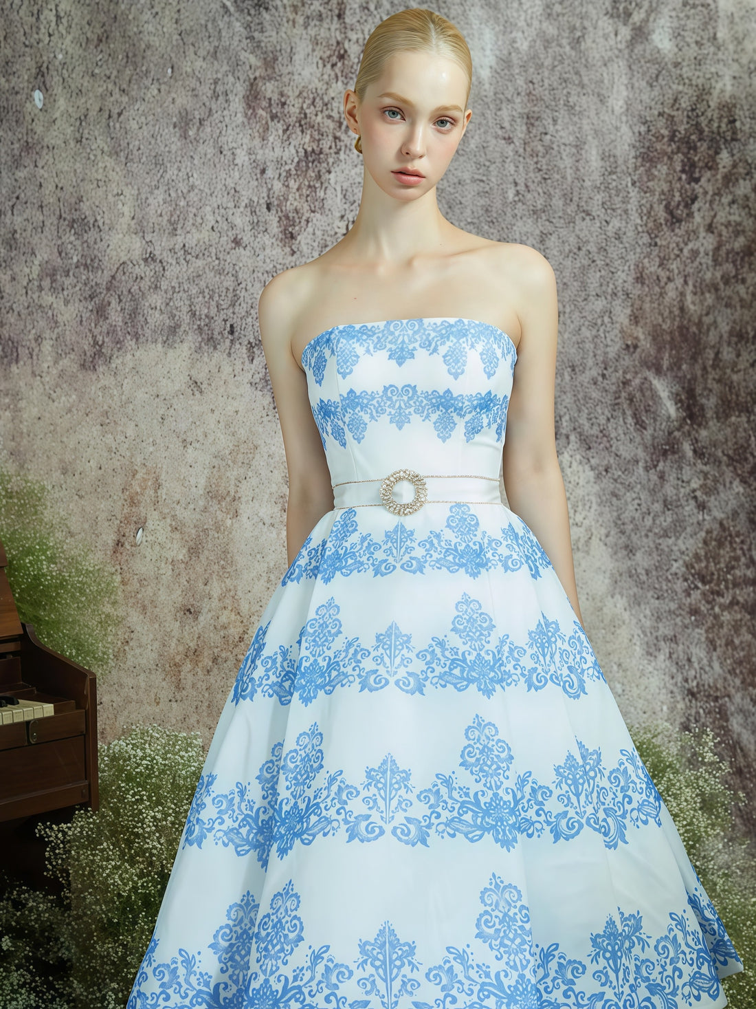 Porcelain Blue Floral Strapless Midi Dress