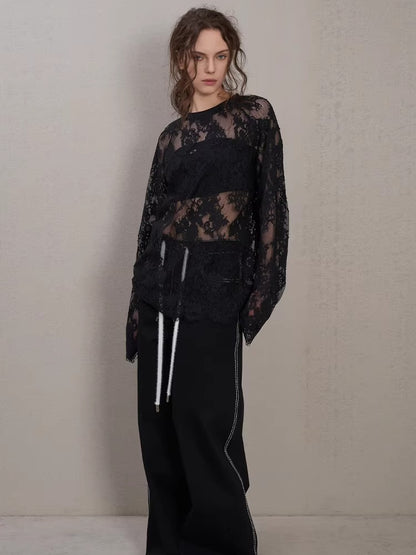 Layered Ribbed Lace-Trim Crewneck T-Shirt