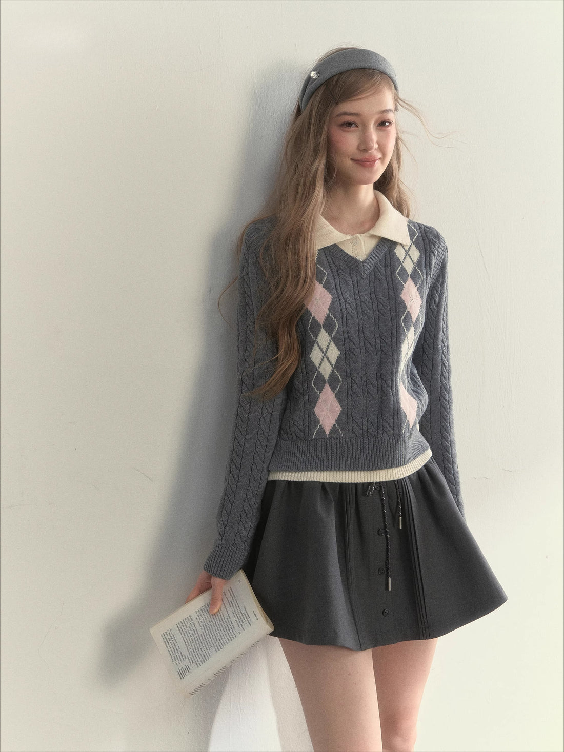 Vintage Argyle Cable Knit Layered Sweater