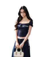 Midnight Square-Neck Puff Sleeve Crop Blouse - CHINASQUAD