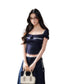 Midnight Square-Neck Puff Sleeve Crop Blouse - CHINASQUAD